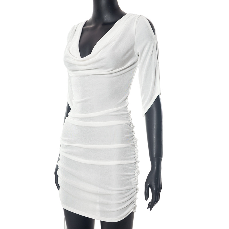 Women Summer Solid Sexy Drawstring Pleated Short Sleeve Dress