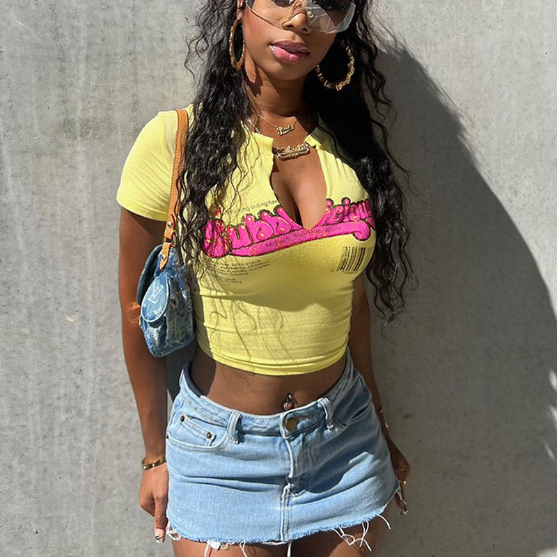 Basic Letter Print Hollow V-Neck Short-sleeved T-Shirt Women's Summer Sexy Fashion Casual Tops