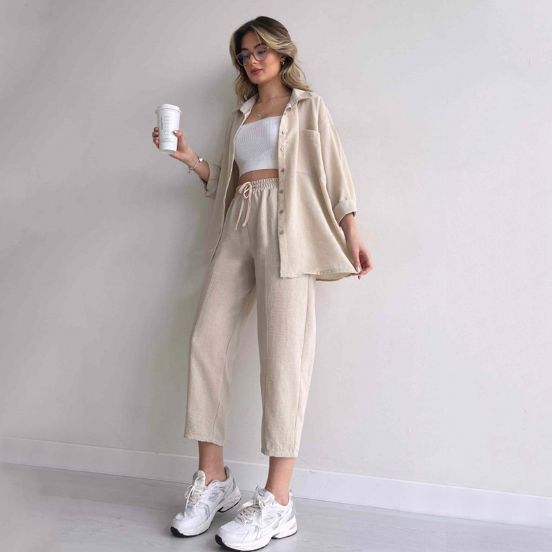 Plus Size Women's Fall Casual Loose Shirt Coat Cropped Sport Harem Pants Two-Piece Set
