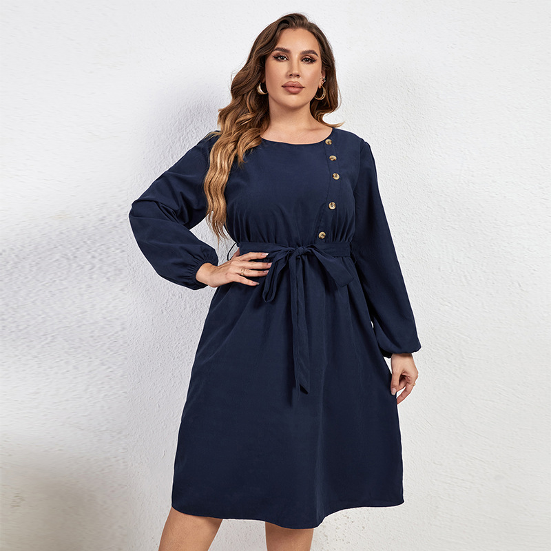 Solid Plus Size Loose High Waist Tie Round Neck Dress