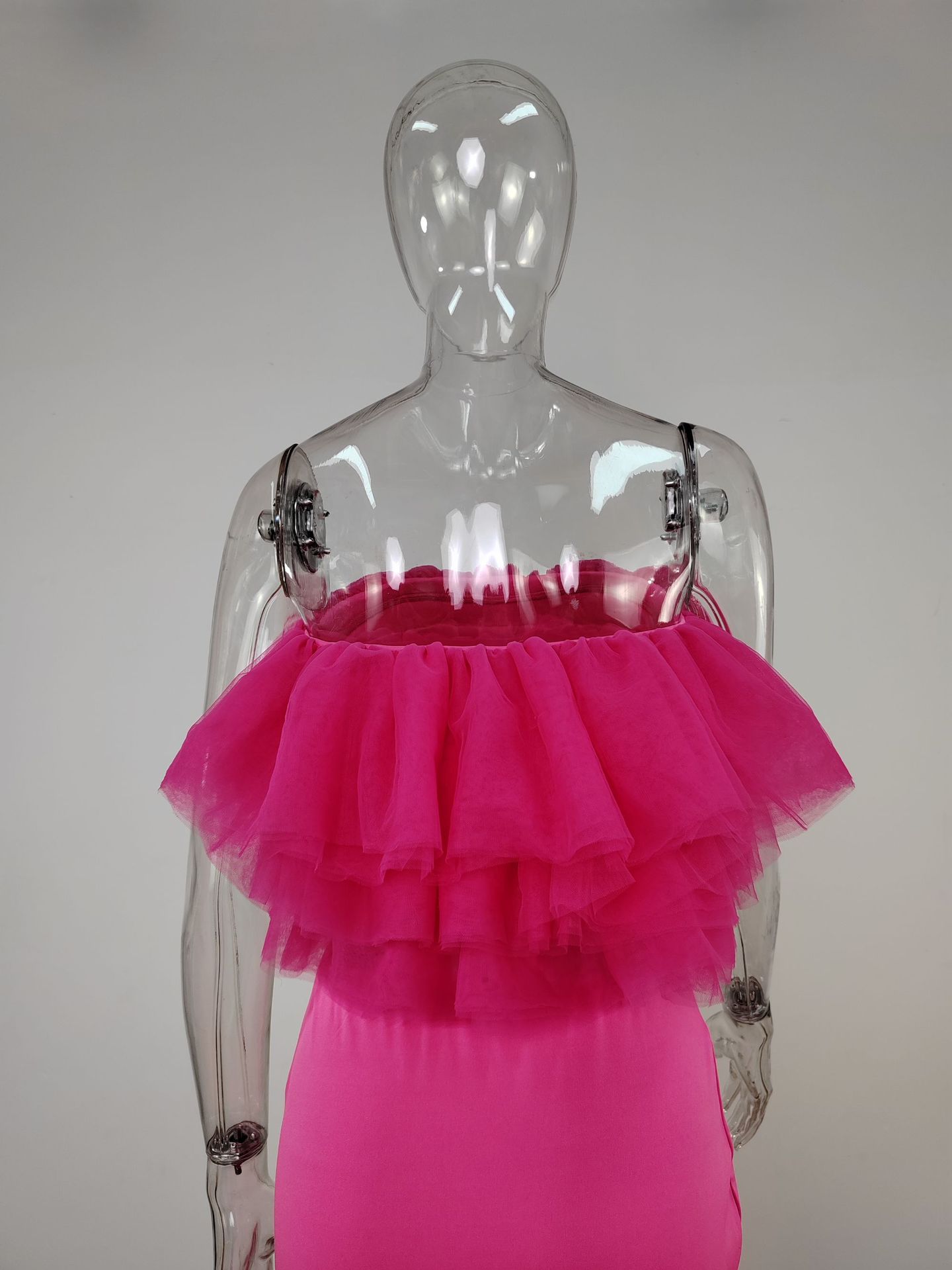 Women Layered Puff Petal Mesh Sleeveless Backless Strapless Top