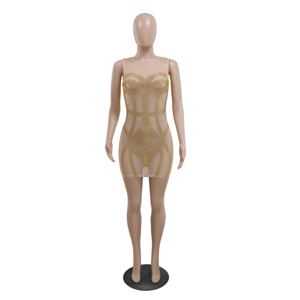 Fashion Nightclub Beaded Mesh See-Through Round Neck Dress Women