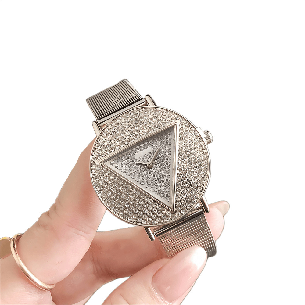 Large dial triangle women's watch inlaid with diamonds quartz mesh strap high-end diamond-inlaid high-end retro women's watch