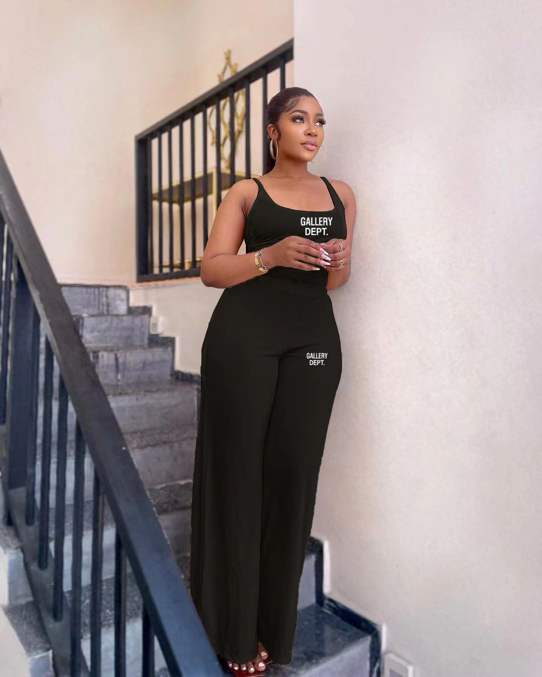 Women's Fashion Tank Top Open Back Casual Print Sports Bell Bottom Two-Piece Set