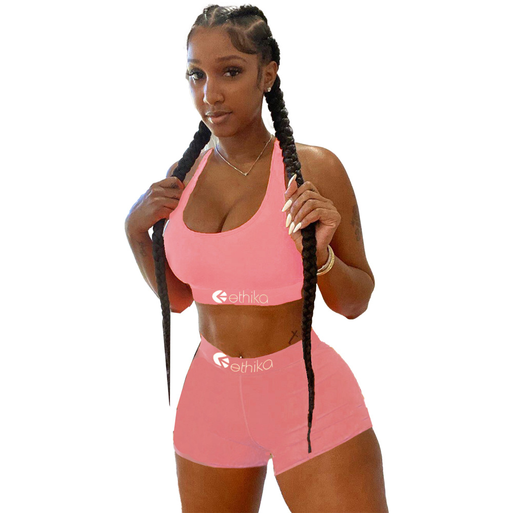 Women Solid Letter Print Top and Shorts Sport Two-Piece Set