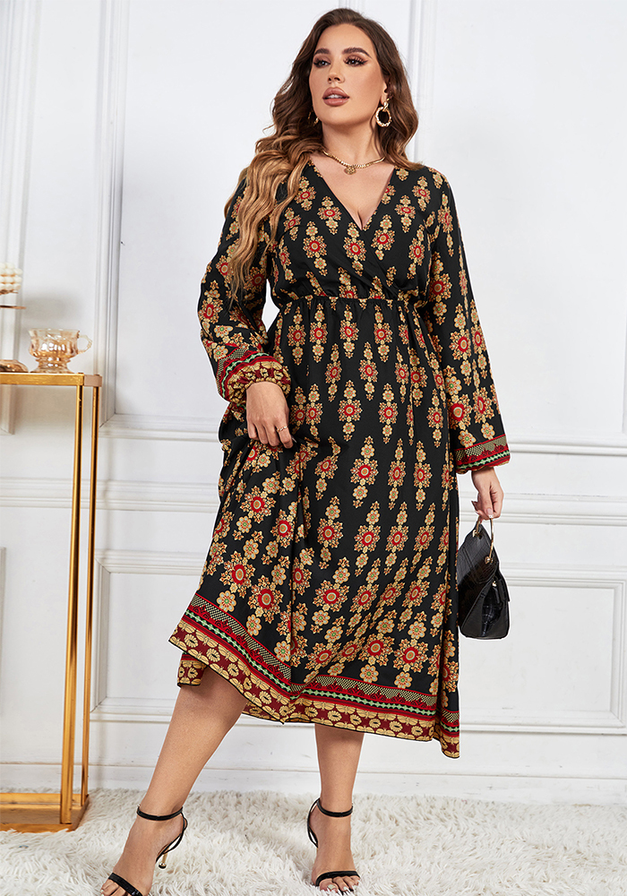 Plus Size Women V-Neck Long Sleeve Printed Dress