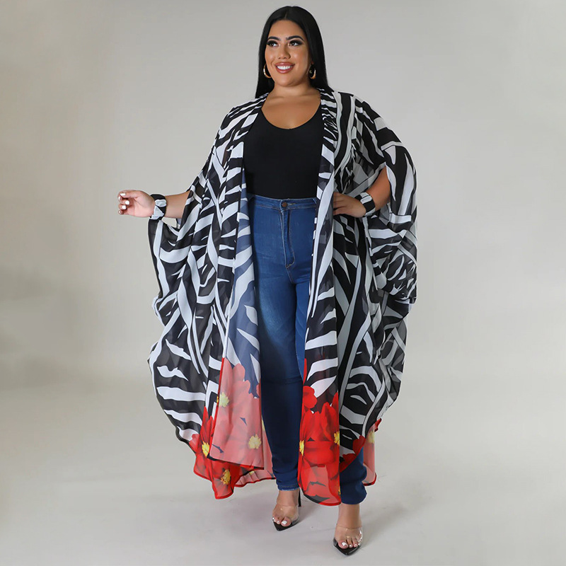 Plus Size Women Chiffon Print Casual Robe
