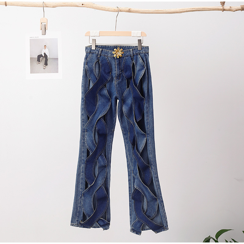 Women Summer Casual Cutout Metal Buckle Denim Pants