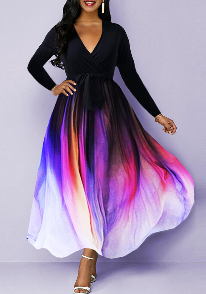 Autumn Gradient Print Long Sleeve V-neck Maxi Dress Women's Clothing
