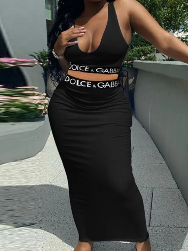 Women Summer Casual Letter Webbing Tank Top and Skirt Casual Two Piece Set