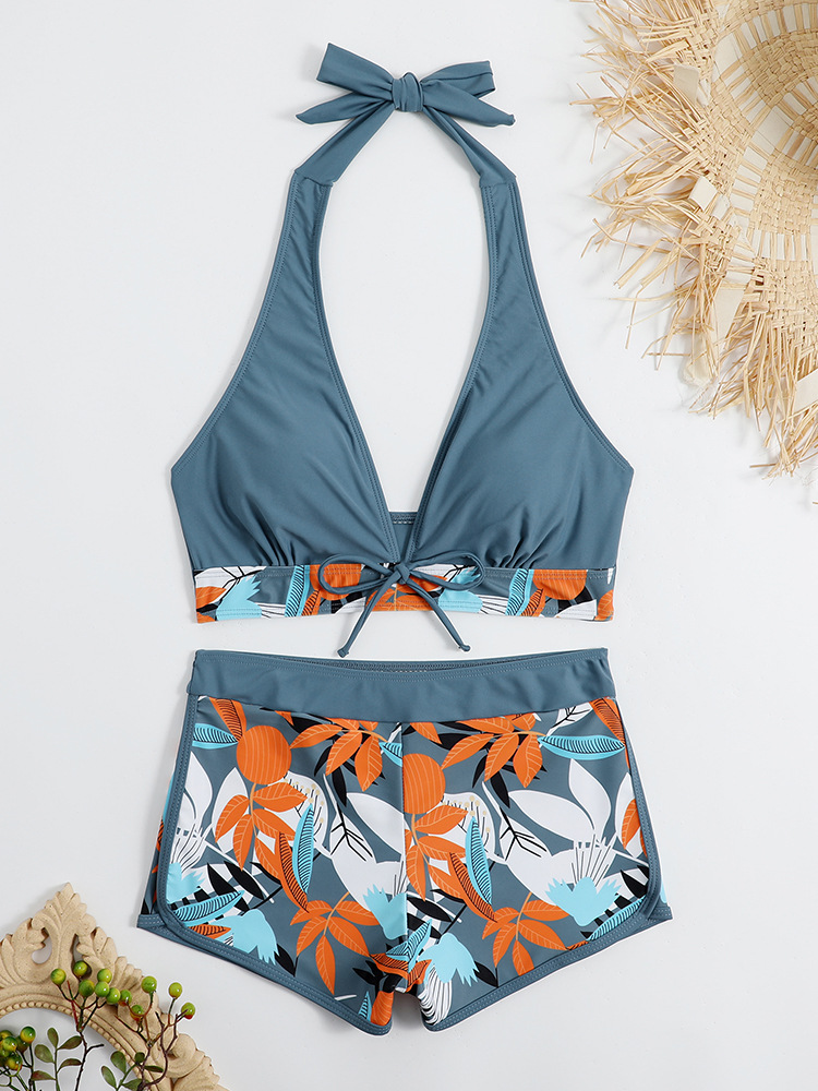 Women's Swimsuit Two Pieces High Waist Patchwork Tie Square Leg Varsity Sport Surf Bikini