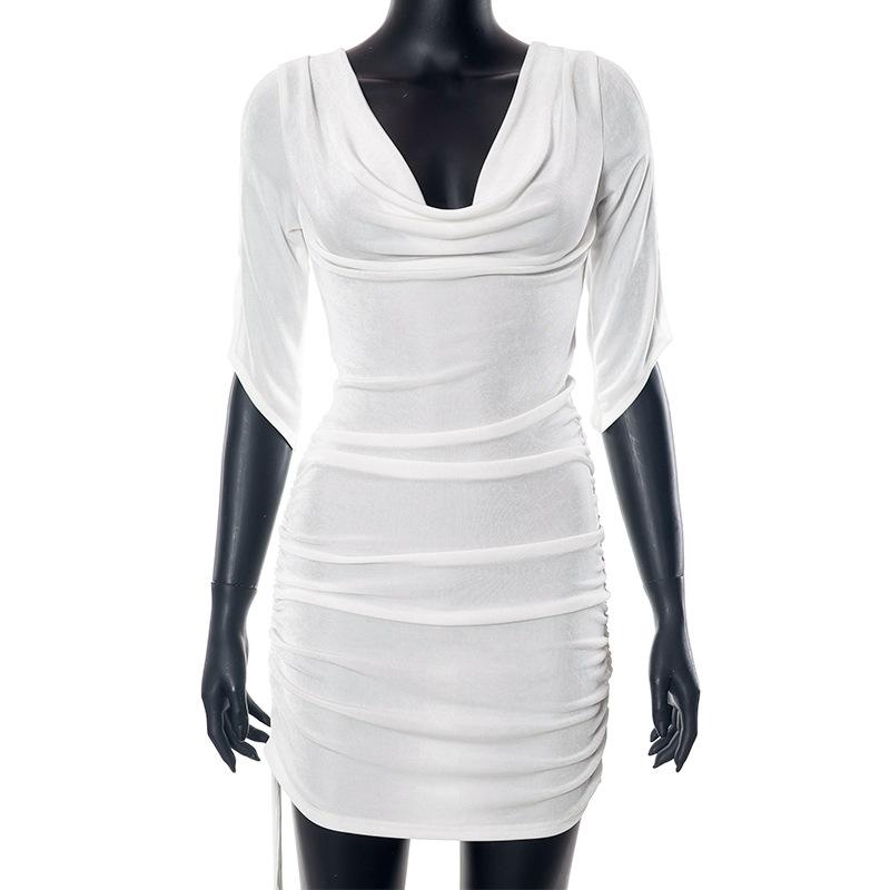 Women Summer Solid Sexy Drawstring Pleated Short Sleeve Dress