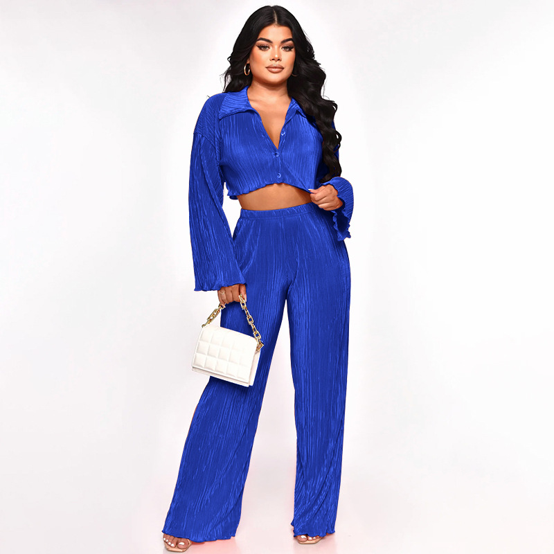 Women Solid Sexy Shirt and Casual Pants Two Piece Set