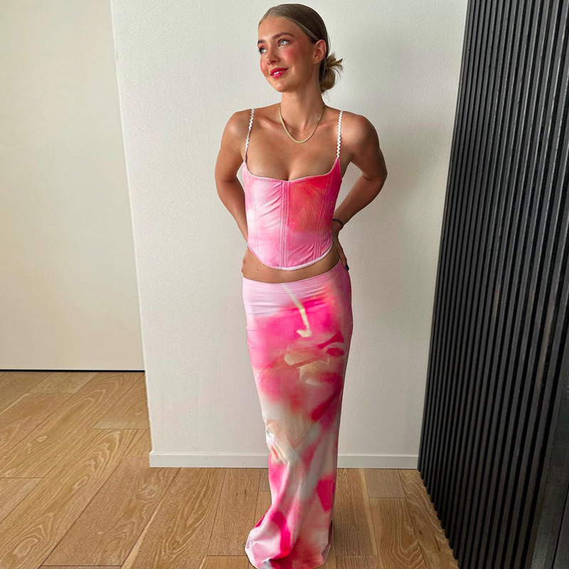 Women's Style Print Herringbone Fitted Slim Waist Slim Fit Camisole Skirt Two-Piece Set