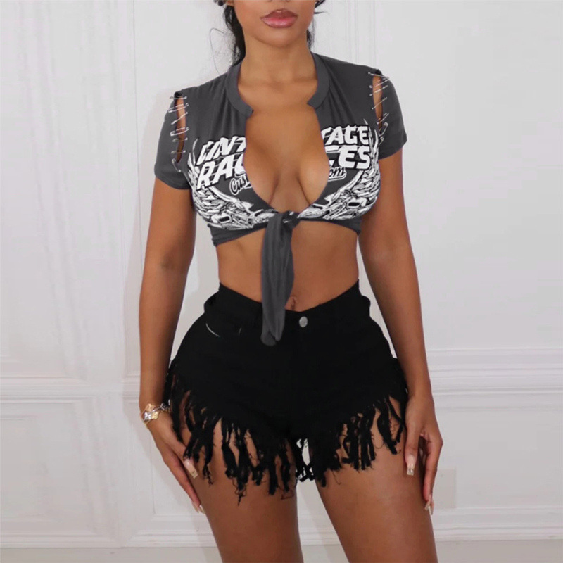 Summer Women Casual Printed Cardigan Tie Crop Top