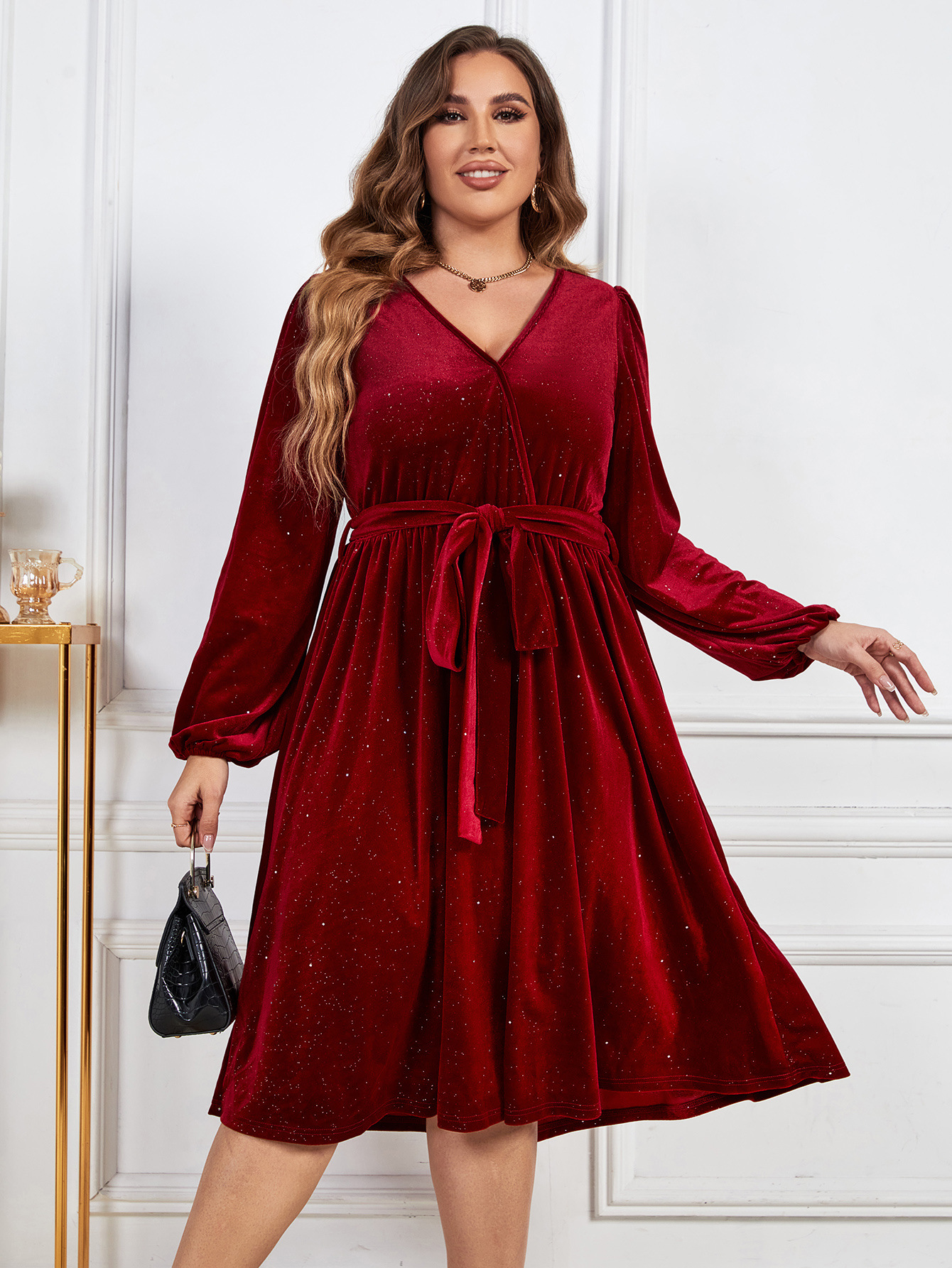 Plus Size Loose Chic High Waist Lace V Neck Solid Color Women's Glitter Dress