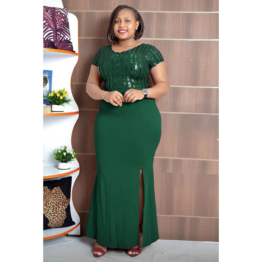 Plus Size African Dress Party Round Neck Solid Dress