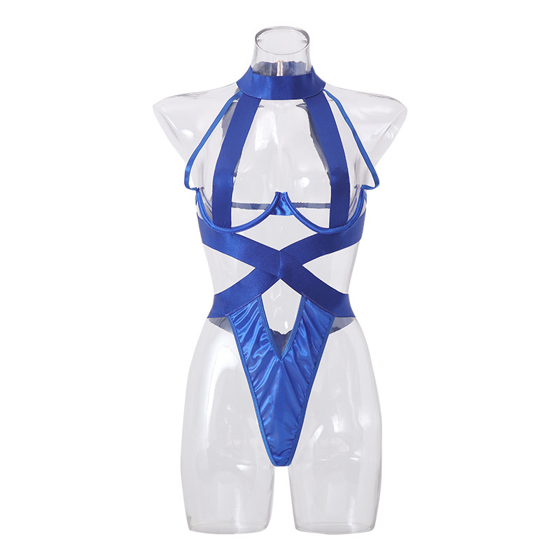 Erotic Lingerie Sexy Women's PU Leather Hollow Patchwork One-Piece Underwear