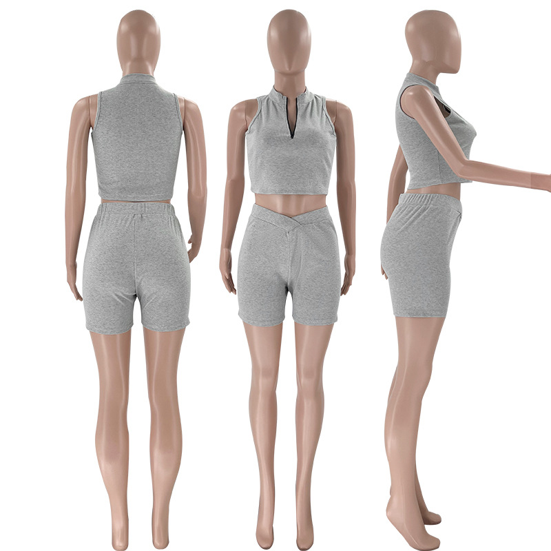 Women Summer Solid Sleeveless Zipper Collar Crop Top and Shorts Two Piece Set