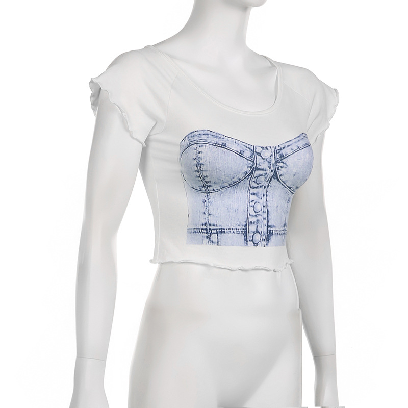 Women Casual Print Ruffle Edge Round Neck Short Sleeve T-Shirt