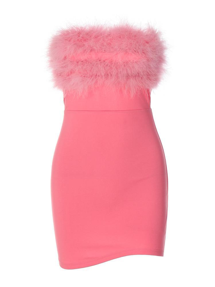 Summer Sexy Low Back Chic Furry Strapless Bodycon Dress Women
