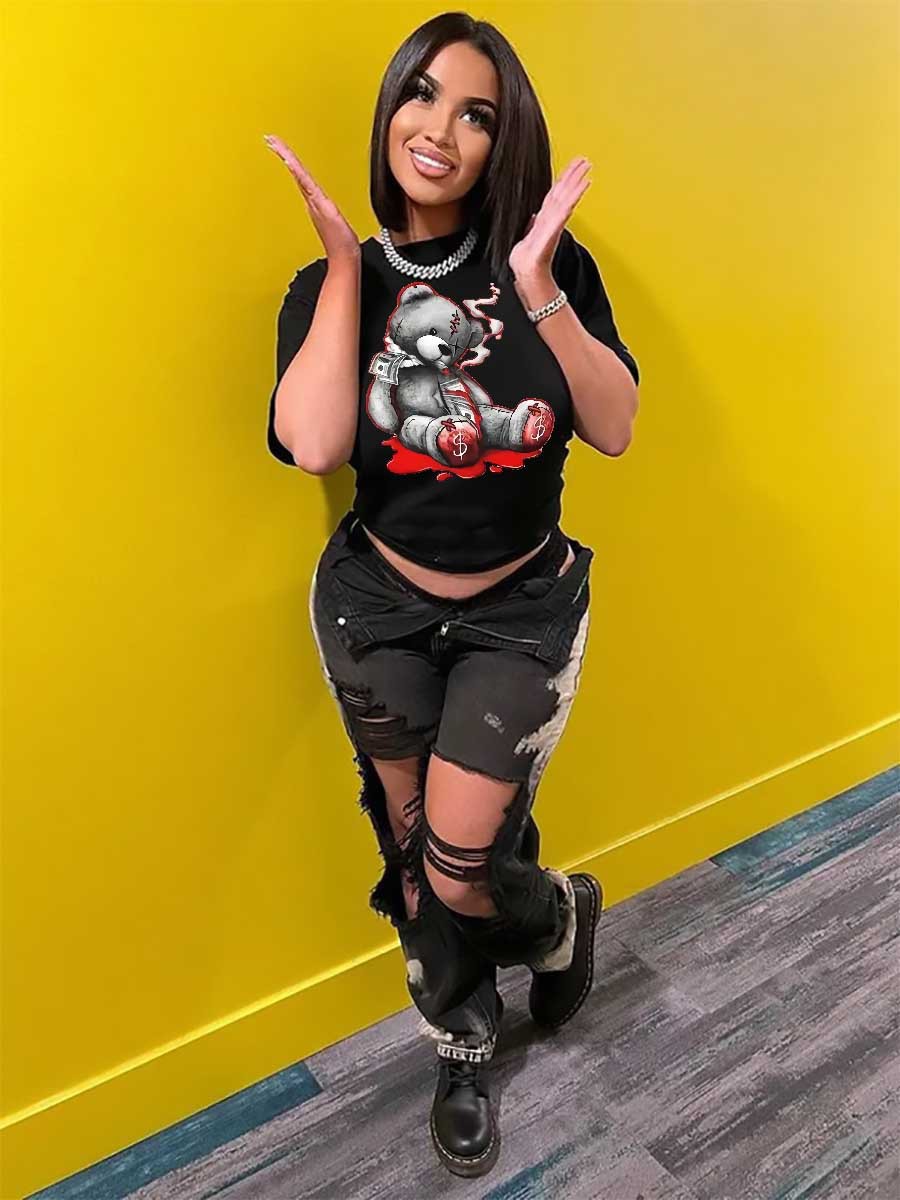 Plus Size women's top cartoon bear print t-shirt