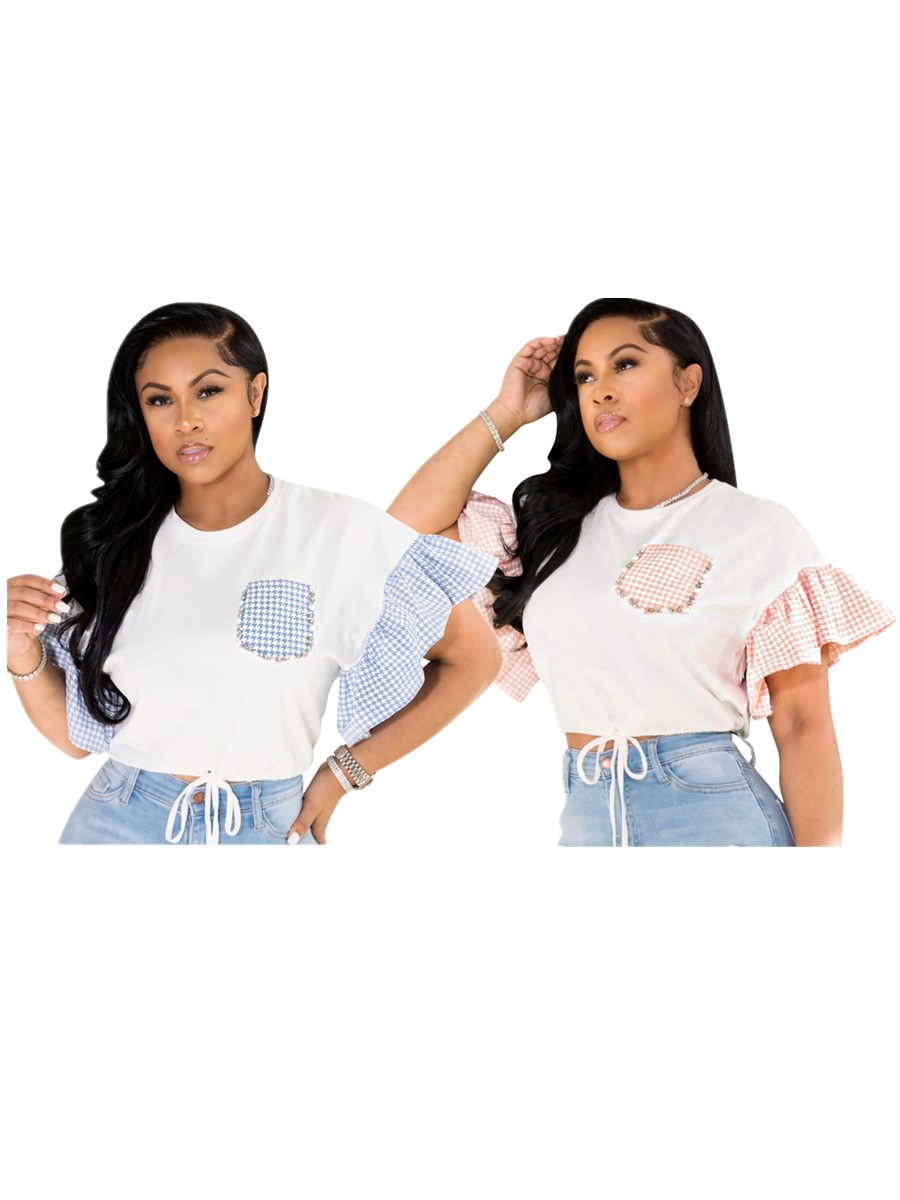 Women Round Neck Beaded Rhinestone Lace-Up Bell Bottom Sleeve Shirt