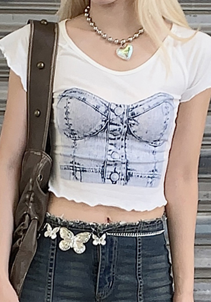 Women Casual Print Ruffle Edge Round Neck Short Sleeve T-Shirt