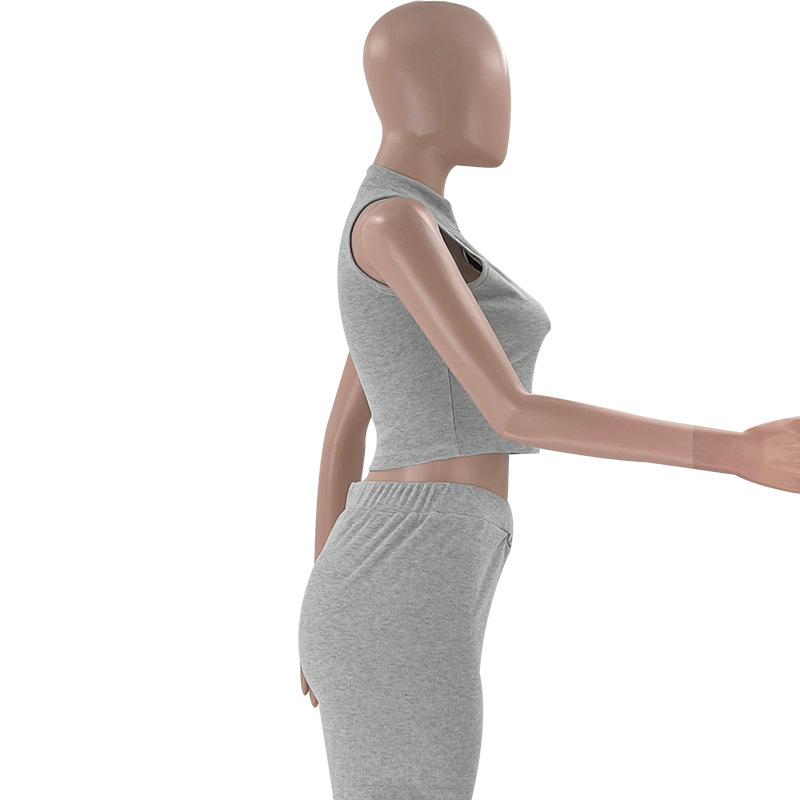 Women Summer Solid Sleeveless Zipper Collar Crop Top and Shorts Two Piece Set