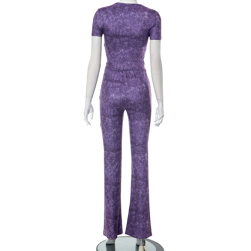 Women Summer Ripped Short Sleeve Top and Pant Casual Two Piece Set