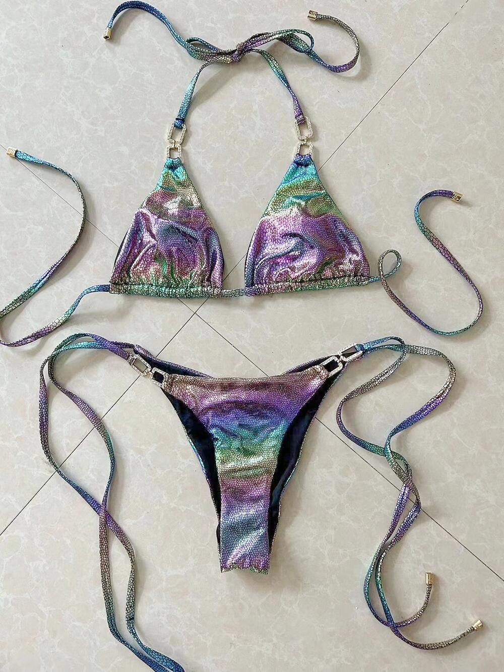 Sexy Bikini Set Snake Print Shiny Two Pieces Lace-Up Women's Swimsuit Rhinestone Accessory Swimsuit