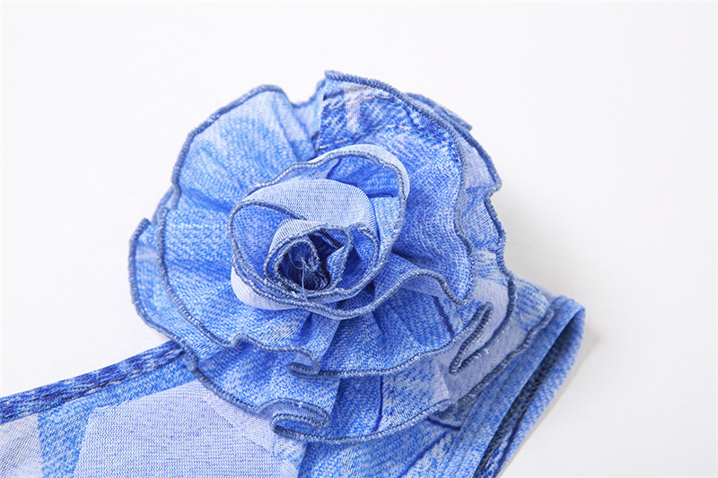 Summer Women Fashion Floral Slash Shoulder Style Tank Top Printed Fringe Ribbon Skirt Set