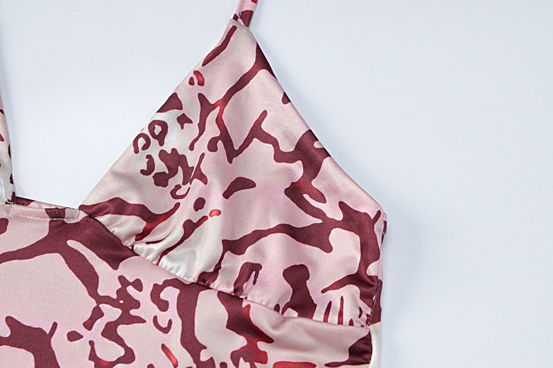 Women Summer Printed Backless Top and Printed Slit Skirt Two Piece Set