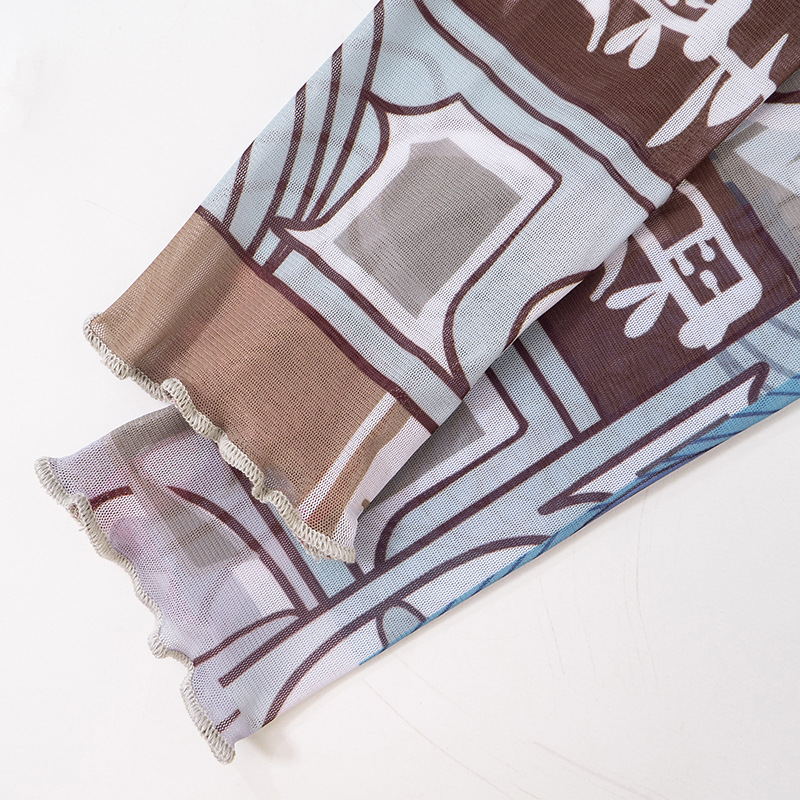 Women's Summer Sexy Mesh Digital Printing Round Neck Long Sleeve Crop Top