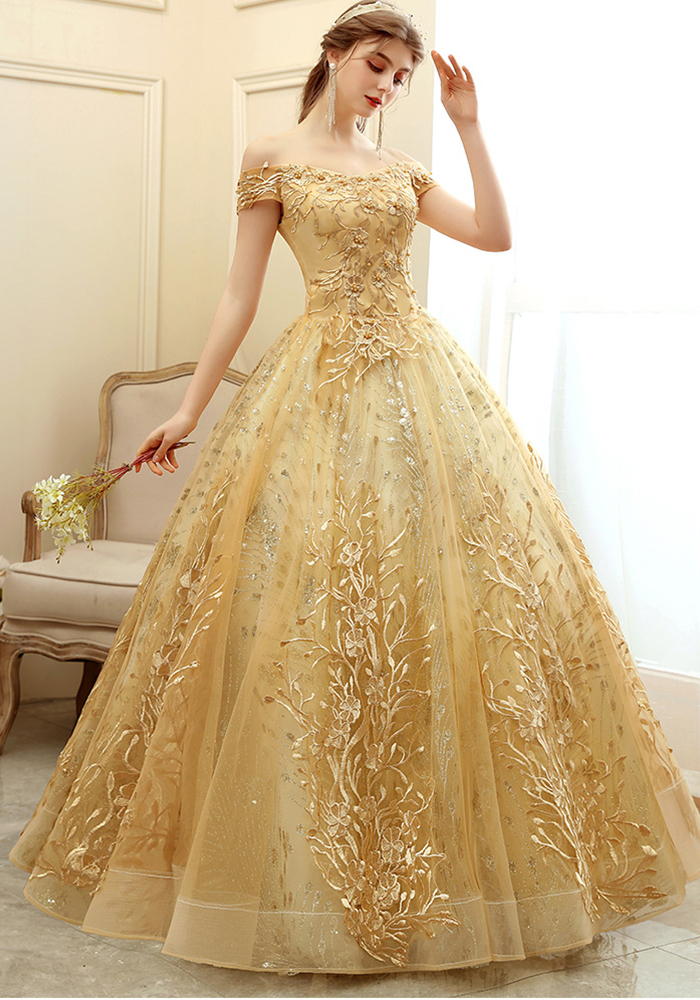 Women's Long Gold Off Shoulder Evening Dress