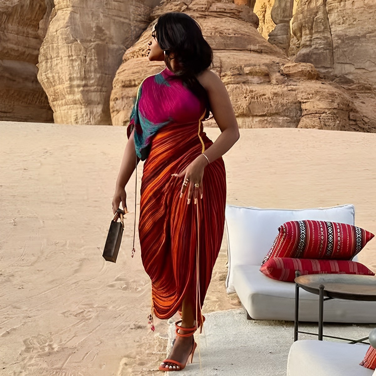 Women Print Pleated Irregular Dress