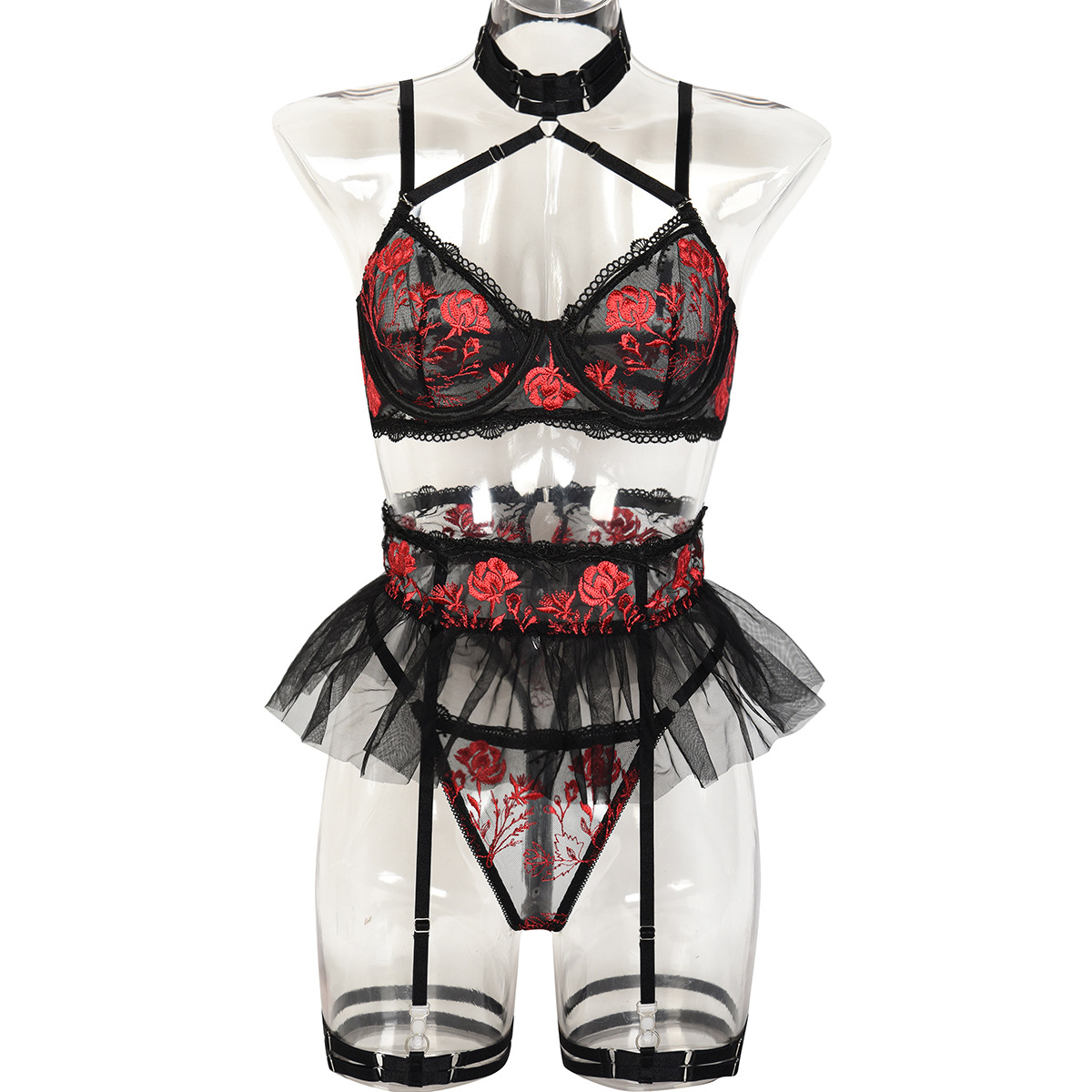 Flower embroidery mesh Patchwork sling Halter Neck sexy lingerie four-piece set for women