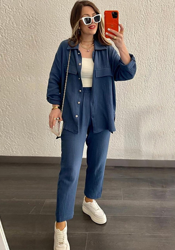 Plus Size Women's Double Crepe Oversized Turndown Collar Long Sleeve Set