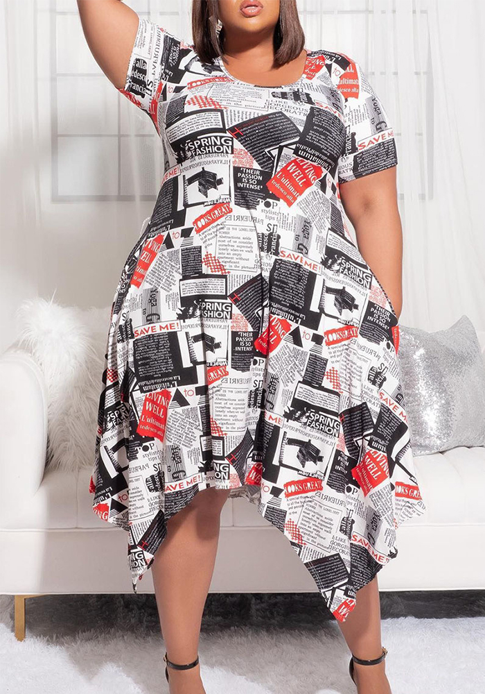 Plus Size Women Short Sleeve Round Neck Print Dress