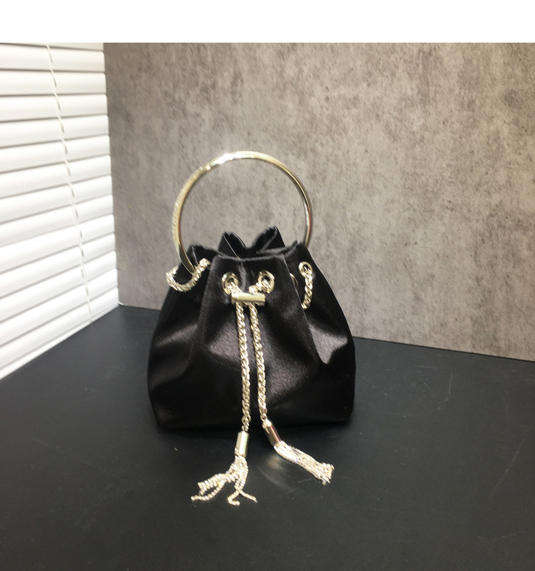 Women's Dinner Bag Flash Diamond Tassel Drawstring Satin Handheld Mini Bucket Bag Chain Messenger Bag