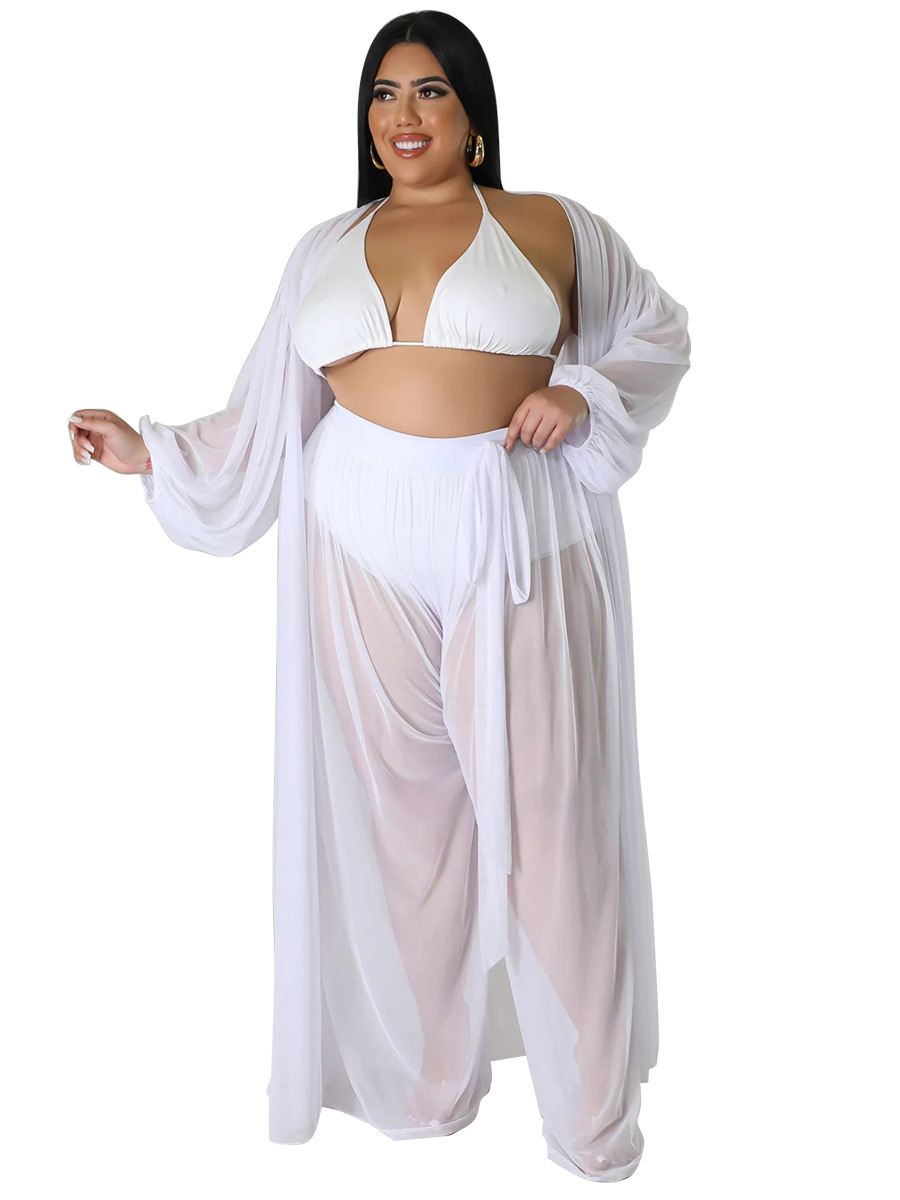 Women's Solid Bat Sleeves Sexy See-Through Long Sleeve Plus Size Two-Piece Pants Set