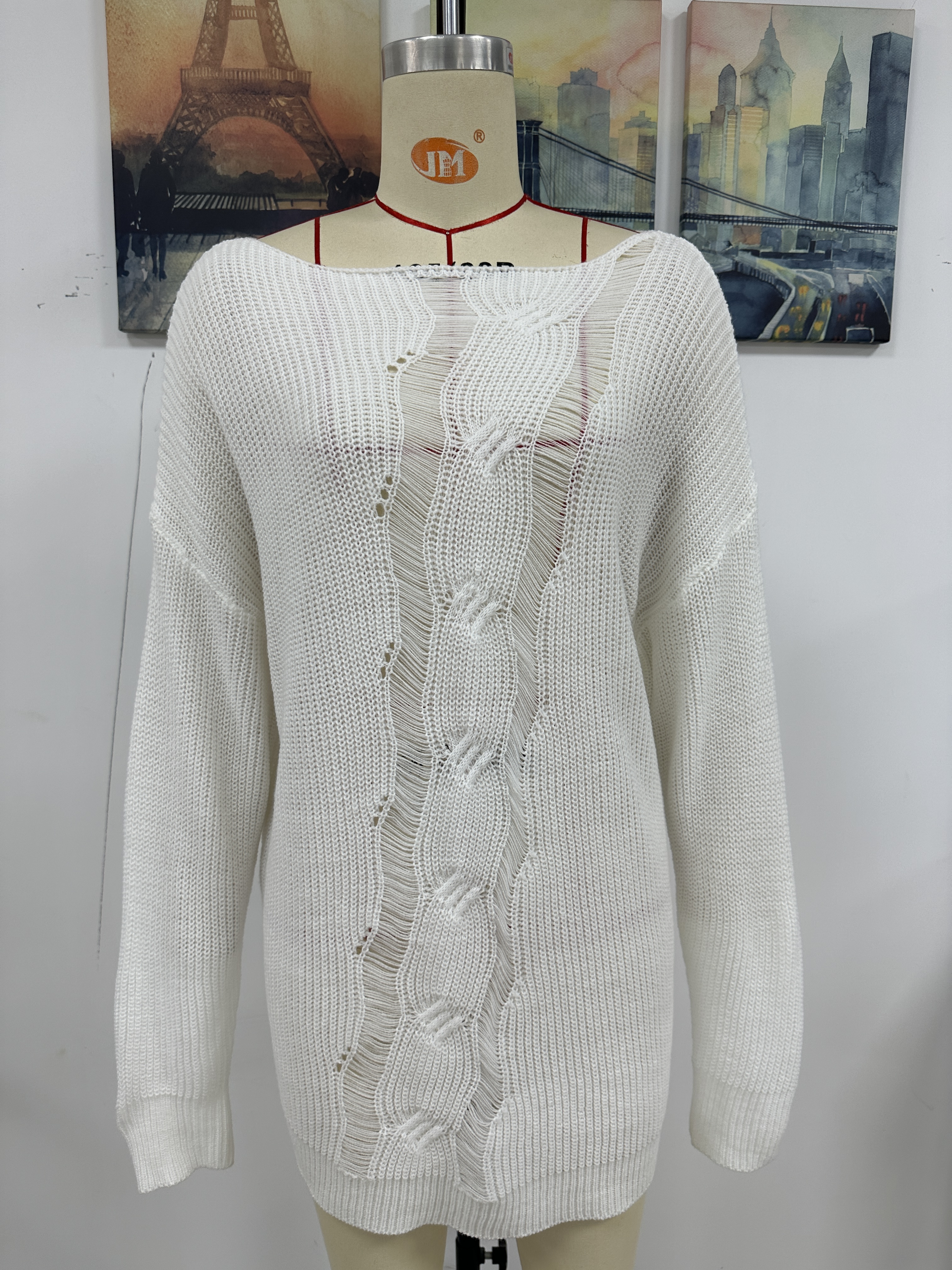 Women Solid Button Rope Knitting Oversized Sweater