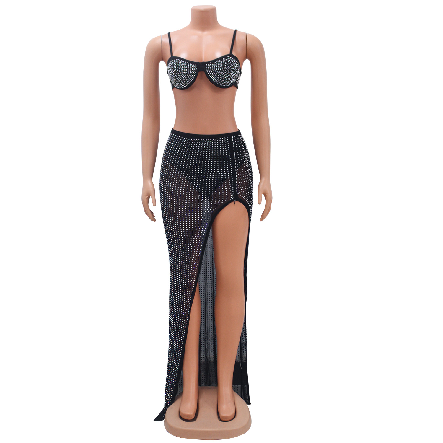 Summer Women's Sexy Mesh Beaded Nightclub Dress Two-Piece Set