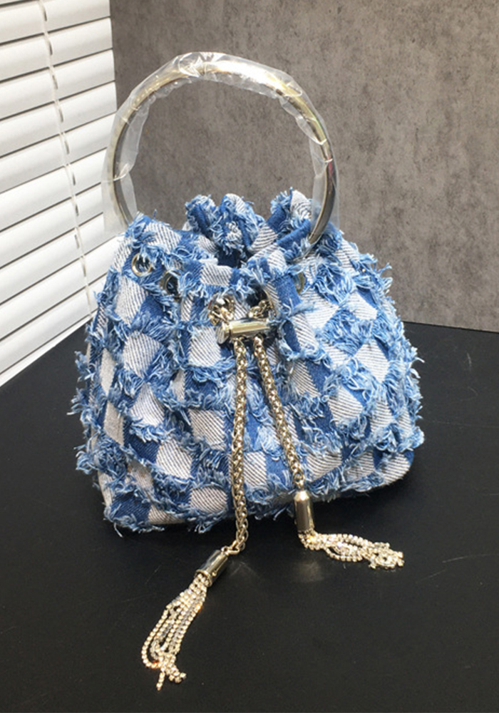 Women's Dinner Bag Flash Diamond Tassel Drawstring Satin Handheld Mini Bucket Bag Chain Messenger Bag