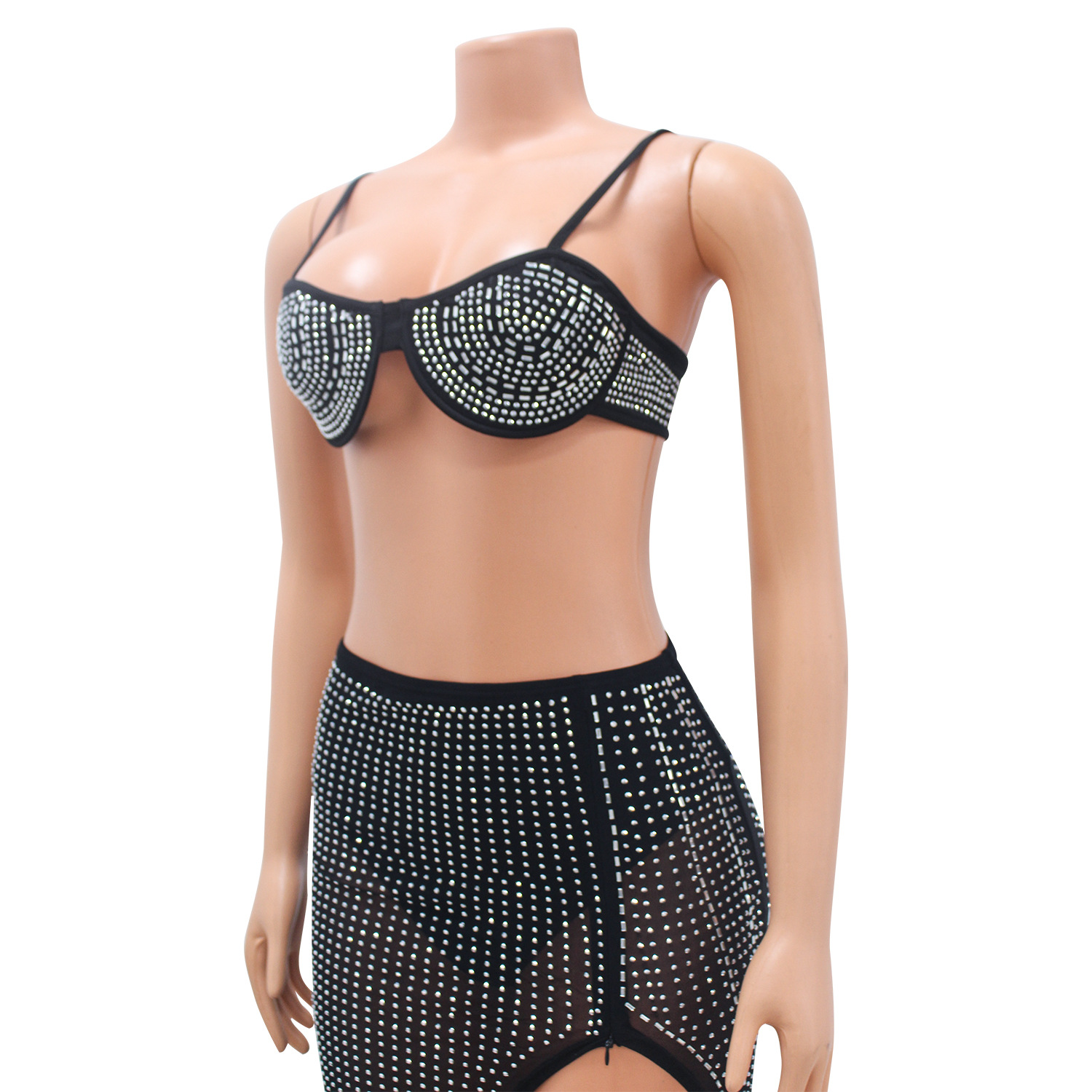 Summer Women's Sexy Mesh Beaded Nightclub Dress Two-Piece Set