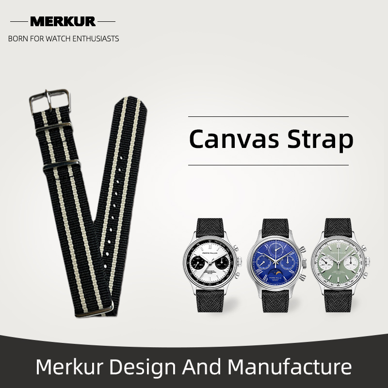 New MERKUR Watch Pilot Military Band Strap Canvas 20MM Military Leather water Resist For Mens Womens Watches Diver Chronograph Tourbillon Vintage Retro Pilot Watch