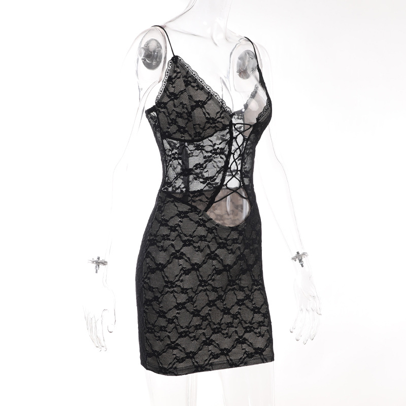 Women Suspenders Lace-Up Cutout Bodycon Dress