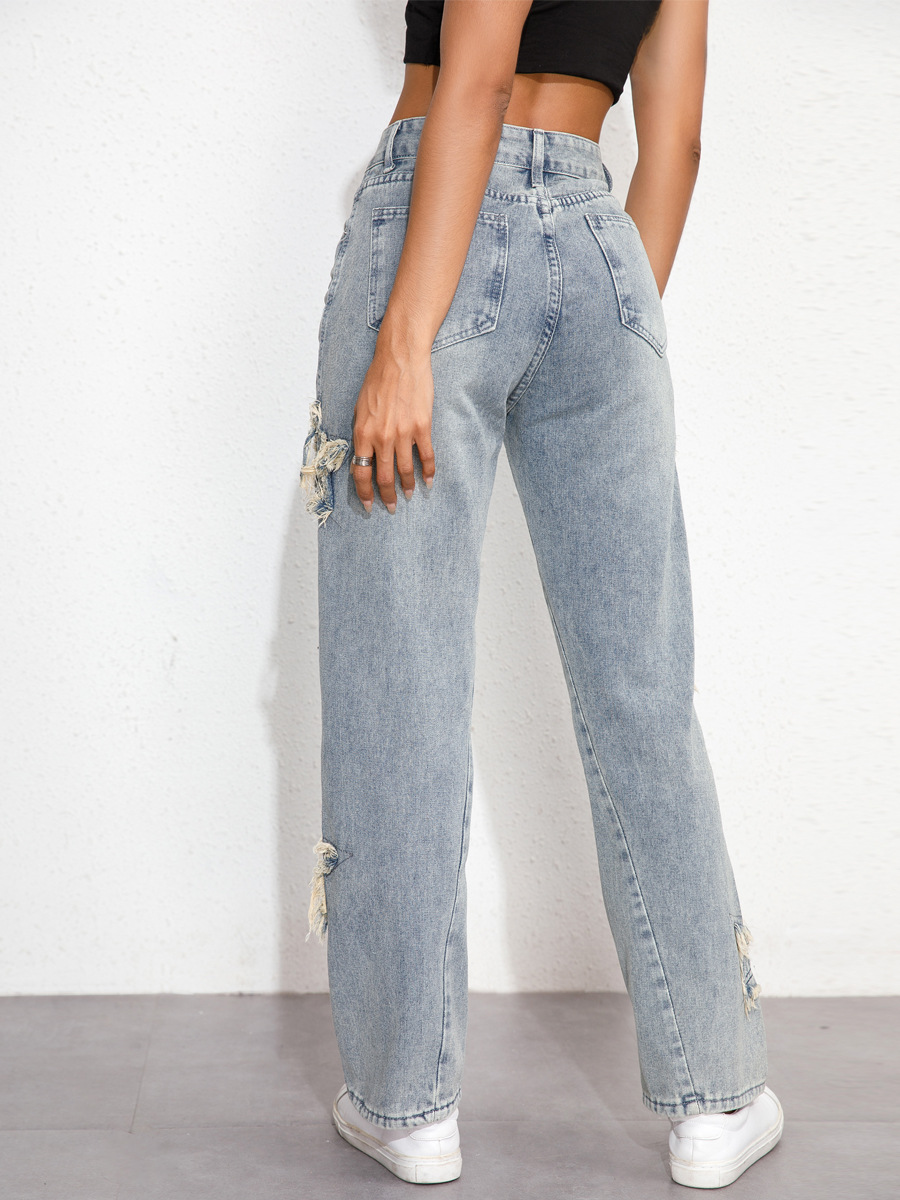 Women's Loose Wide Leg Sexy High Waist Letter Ripped Plus Size Denim Pants