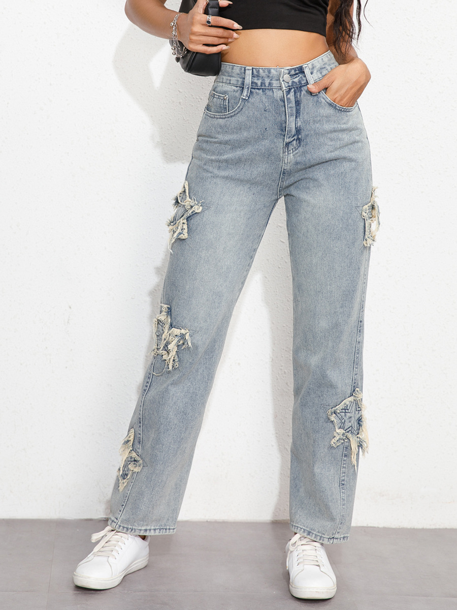 Women's Loose Wide Leg Sexy High Waist Letter Ripped Plus Size Denim Pants