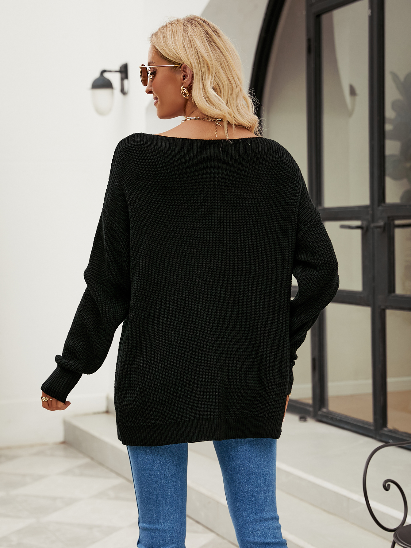 Women Solid Button Rope Knitting Oversized Sweater